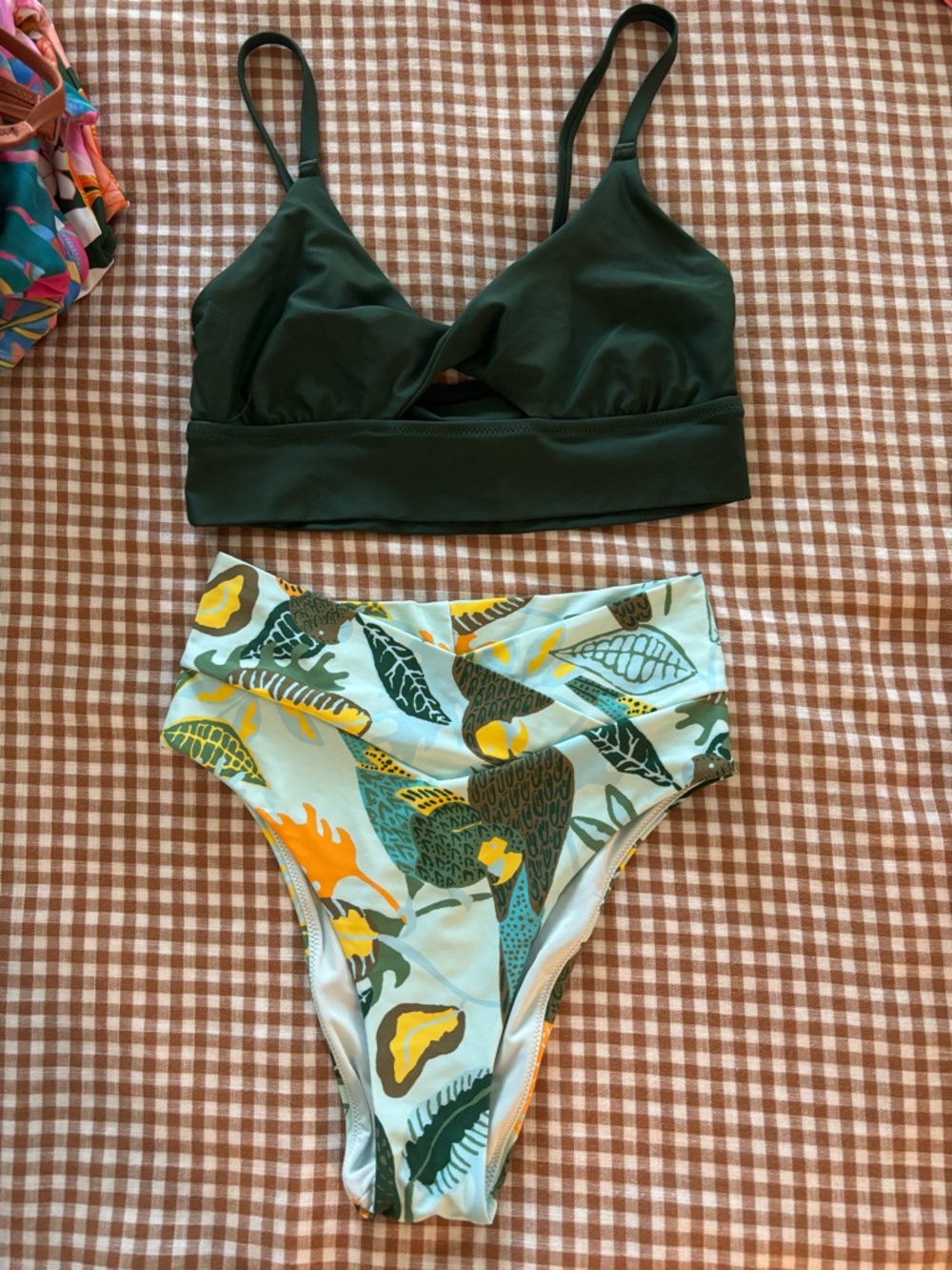 aerie Mint and Orange Floral Swim Top with Leaf Print